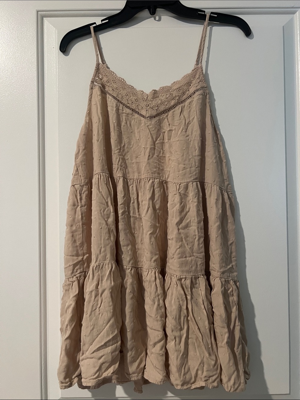 Sweet Wanderer Beige Tiered Lace-Trim Slip Dress